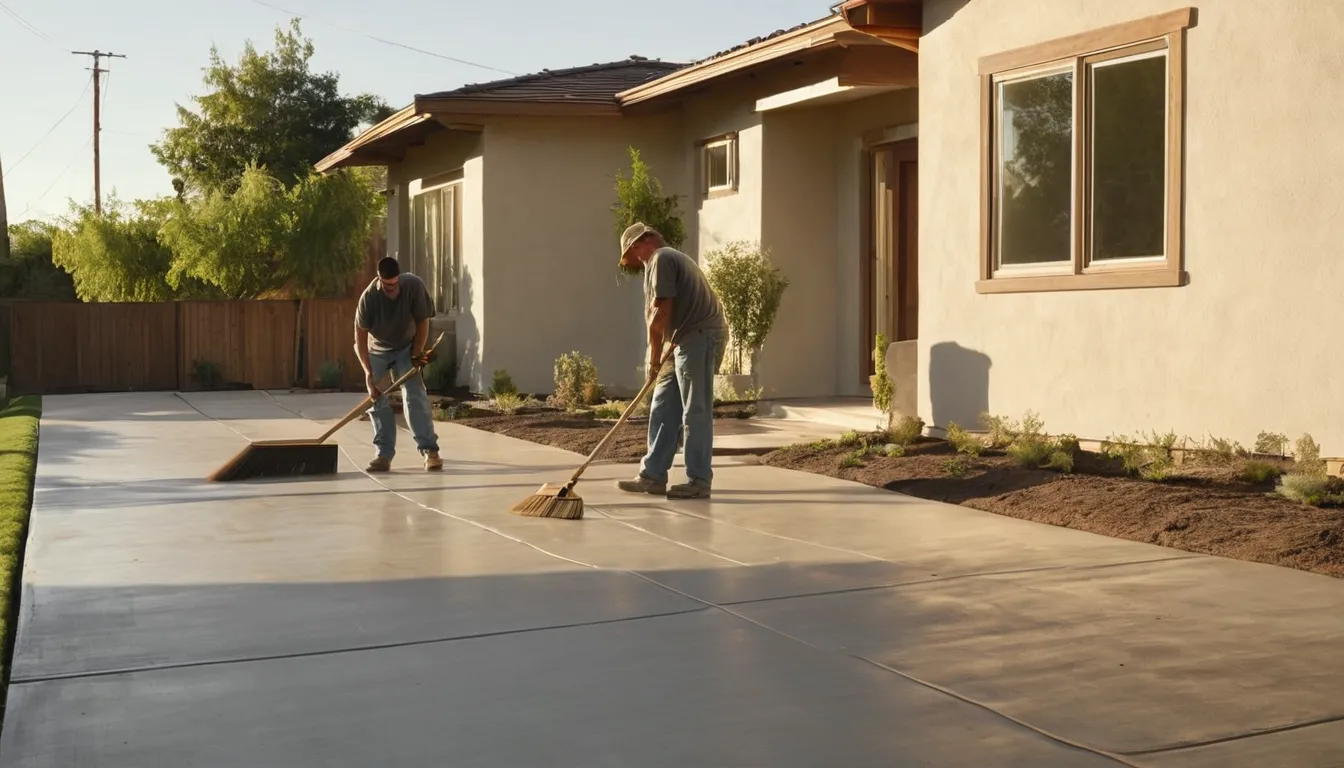 Fresh concrete driveway being finished beside a stucco ranch home in Santa Monica