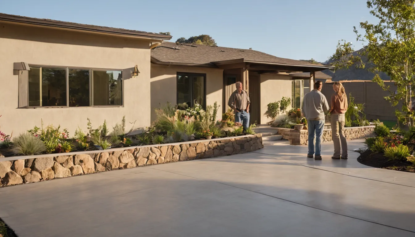New stamped concrete patio behind a stucco home in Santa Monica, with outdoor chairs and a small table