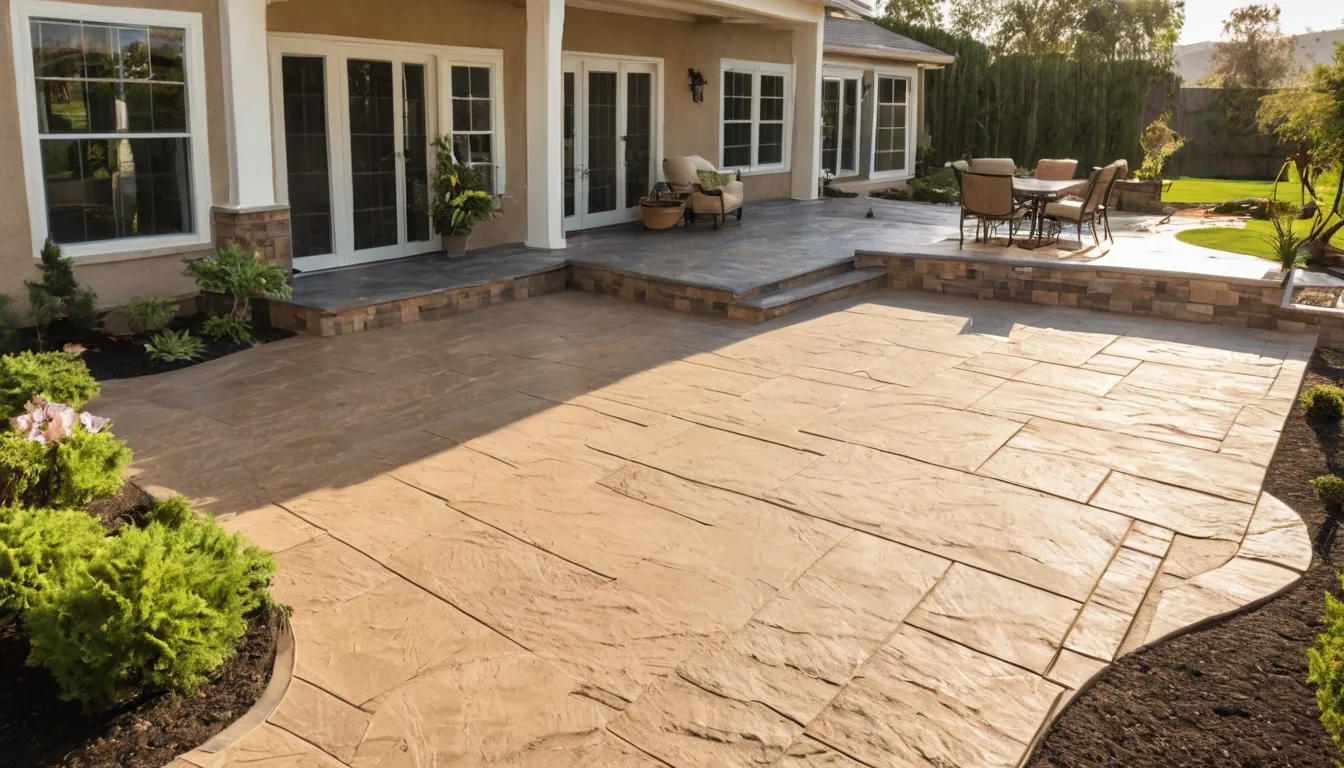 Freshly finished stamped concrete patio with a stone pattern behind a stucco home in the Santa Monica area